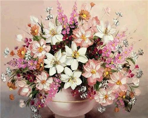 Kleurrijke bloemen in een roze pot Schilderen op Nummers