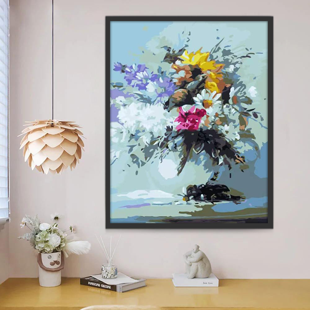 Kleurrijke Bloemen tegen een Blauwe Achtergrond Schilderen op Nummers
