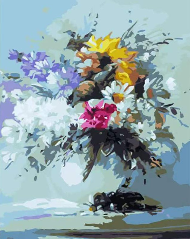 Kleurrijke Bloemen tegen een Blauwe Achtergrond Schilderen op Nummers