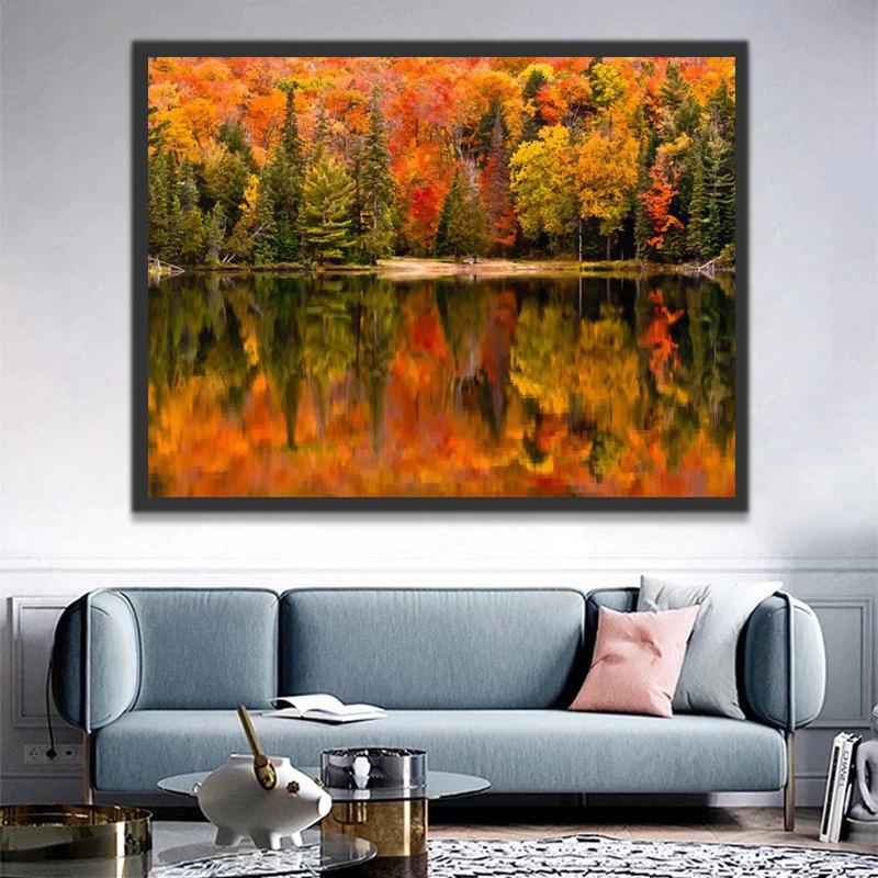 Kleurrijke Bossen en Weerspiegelingen in de Herfst Schilderen op Nummers