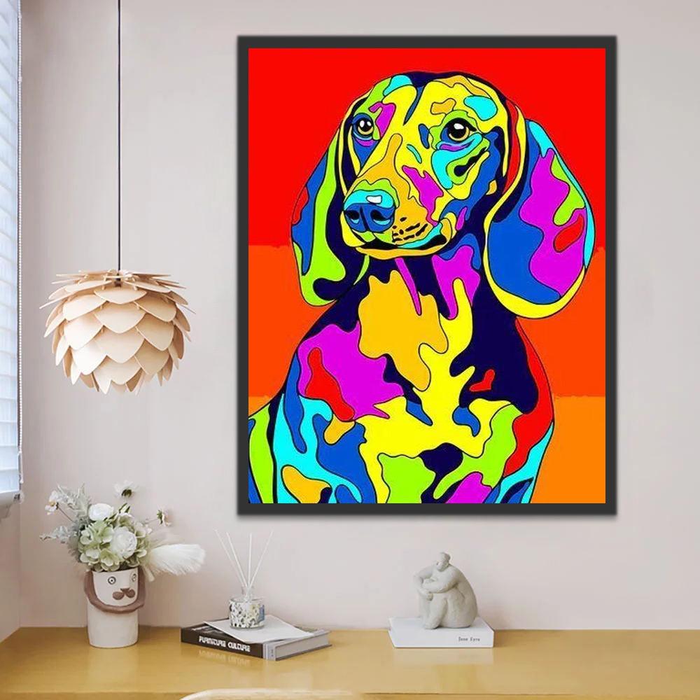 Kleurrijke Hond op Rode Achtergrond Schilderen op Nummers