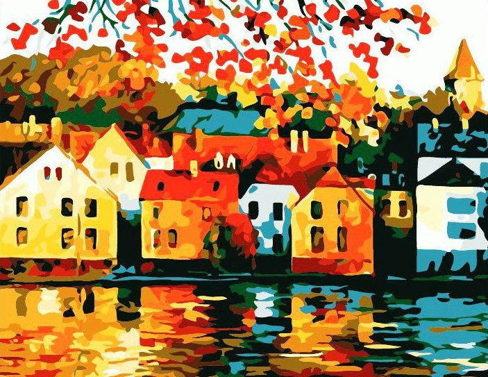 Kleurrijke Huizen en Weerspiegelingen Schilderen op Nummers