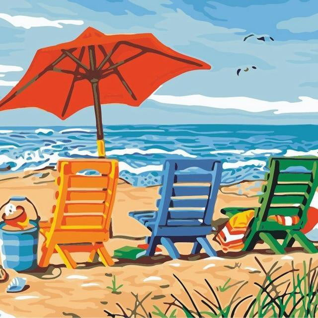 Kleurrijke Ligstoelen aan Zee Schilderen op Nummers