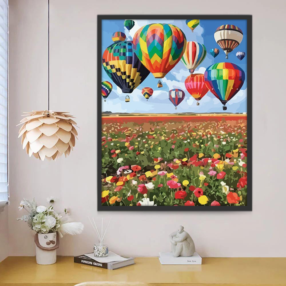 Kleurrijke Luchtballonnen boven Bloemenveld Schilderen op Nummers