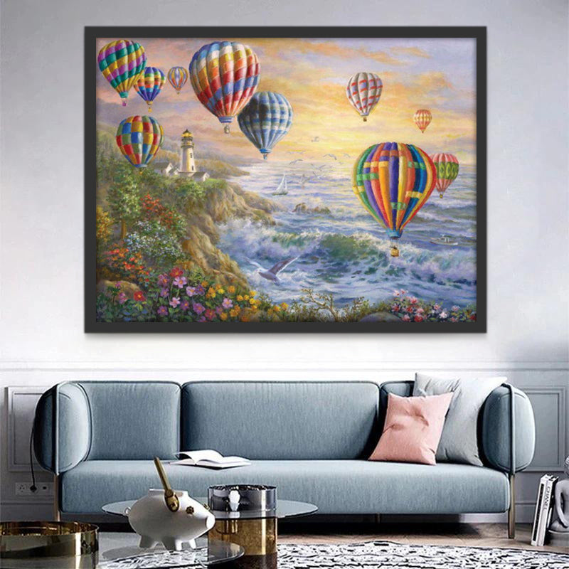 Kleurrijke Luchtballonnen boven de Zee Schilderen op Nummers