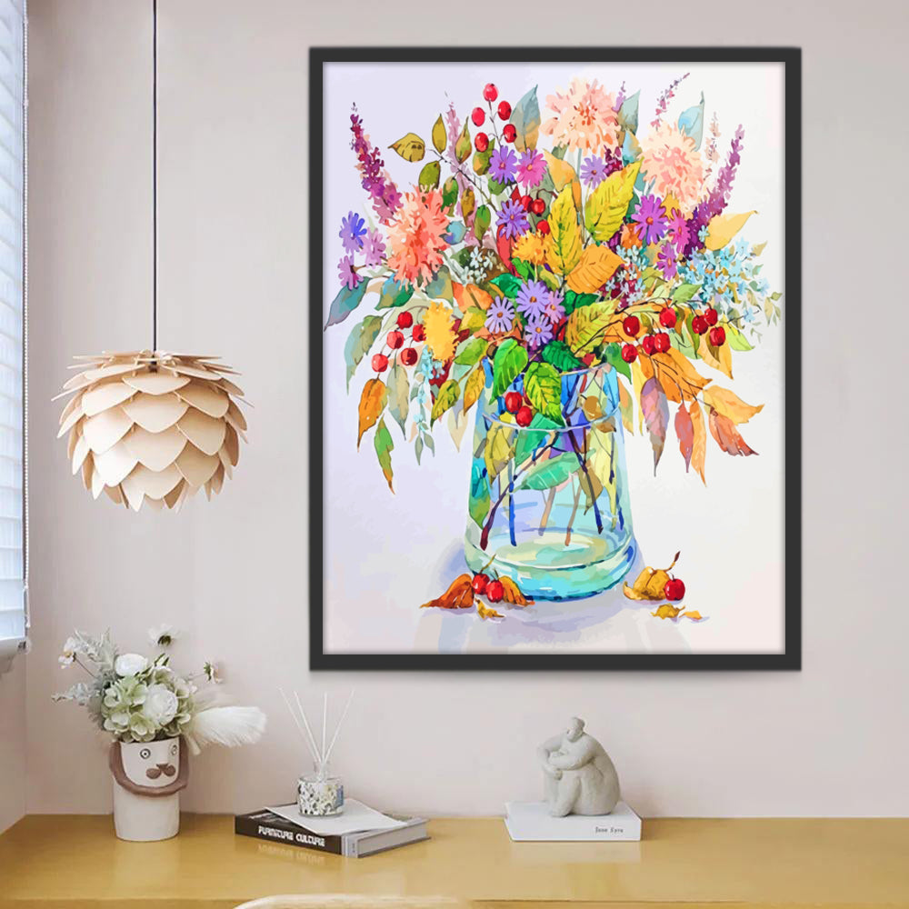 Kleurrijke Potbloemen in een Blauwe Glazen Vaas Schilderen op Nummers