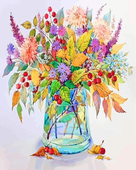 Kleurrijke Potbloemen in een Blauwe Glazen Vaas Schilderen op Nummers