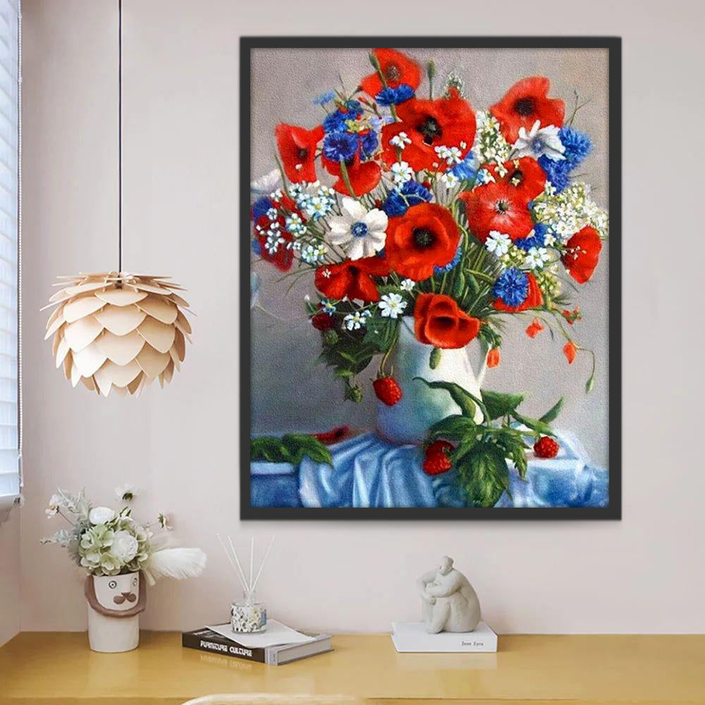 Kleurrijke Potbloemen op een Blauw Tafelkleed Schilderen op Nummers