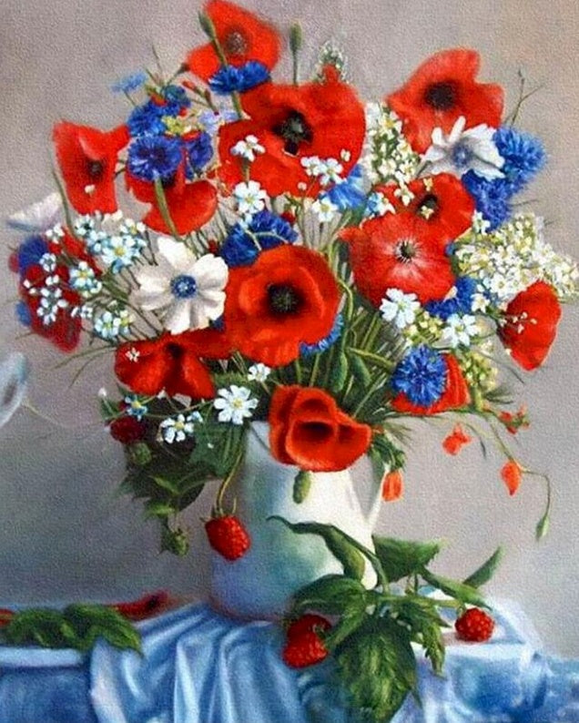 Kleurrijke Potbloemen op een Blauw Tafelkleed Schilderen op Nummers