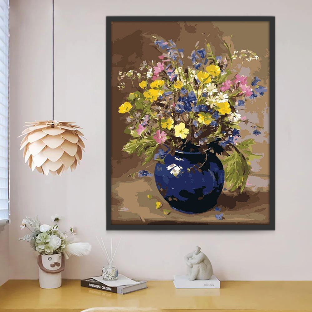 Kleurrijke Potbloemen tegen een Bruine Achtergrond Schilderen op Nummers