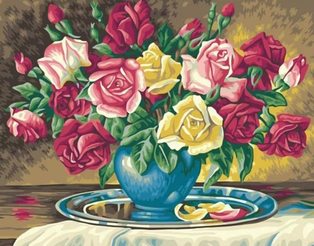 Kleurrijke Rozen in een Blauwe Vaas Schilderen op Nummers