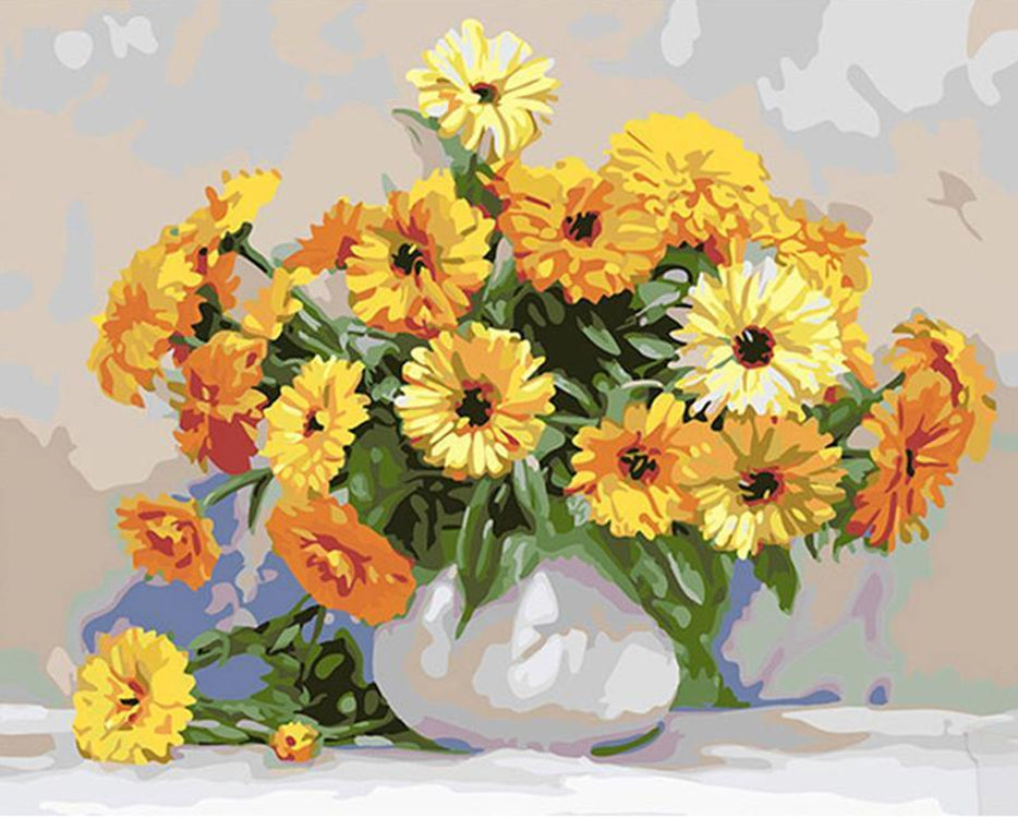 Kleurrijke Zonnebloemen in een Witte Vaas Schilderen op Nummers