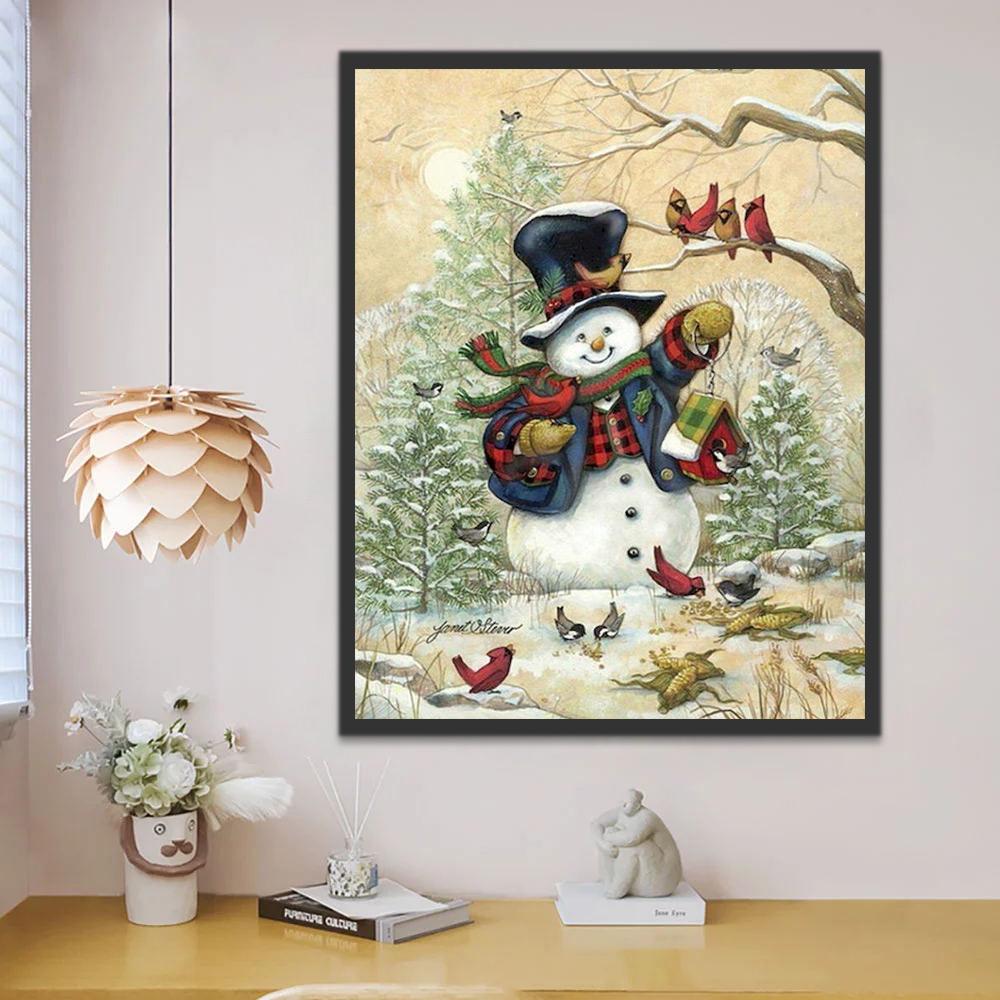 Knappe Sneeuwpop met Schattige Vogel Schilderen op Nummers