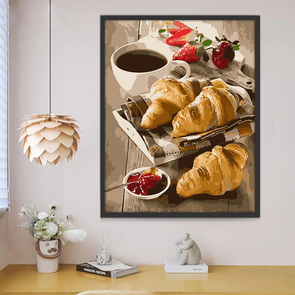 Koffie en Croissants op Houten Tafel Schilderen op Nummers