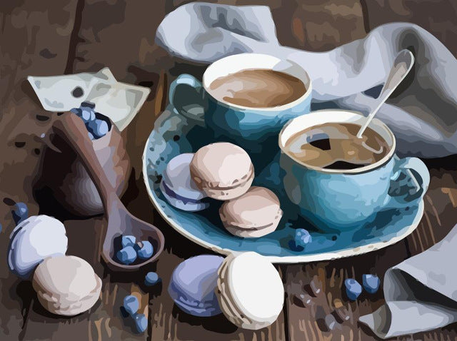 Koffiecupjes en Macarons op Tafel Schilderen op Nummers