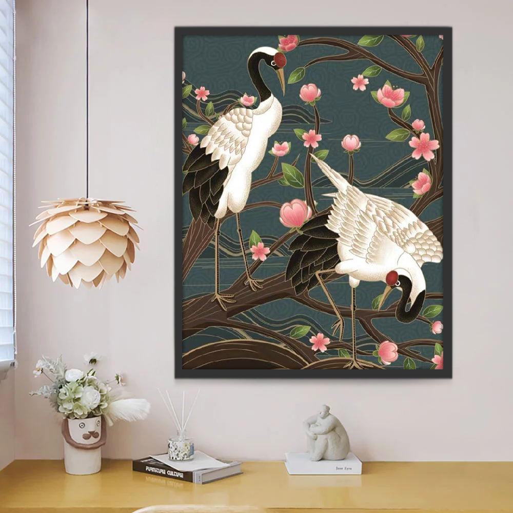 Kraanvogels en Roze Bloemen Schilderen op Nummers
