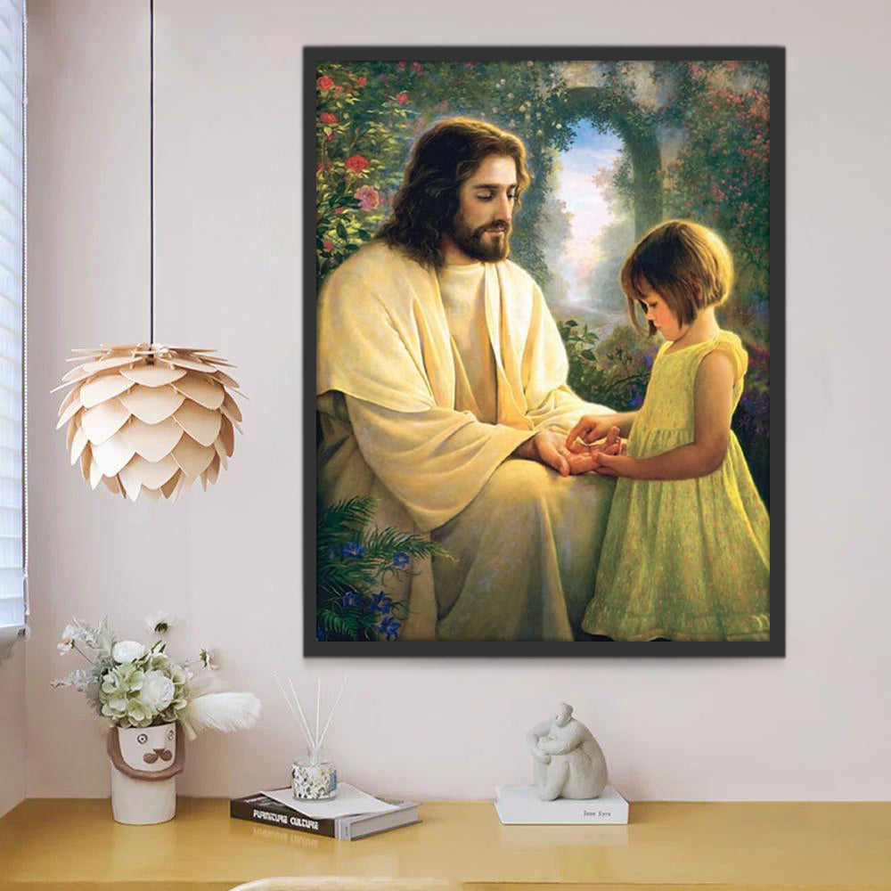 Langharige Man en Schattig Meisje Christendom Schilderen op Nummers