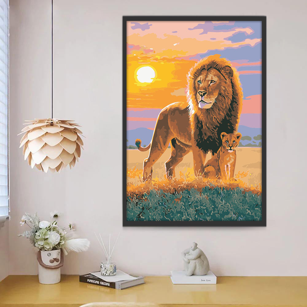 Leeuw Moeder en Kind bij Zonsondergang Schilderen op Nummers