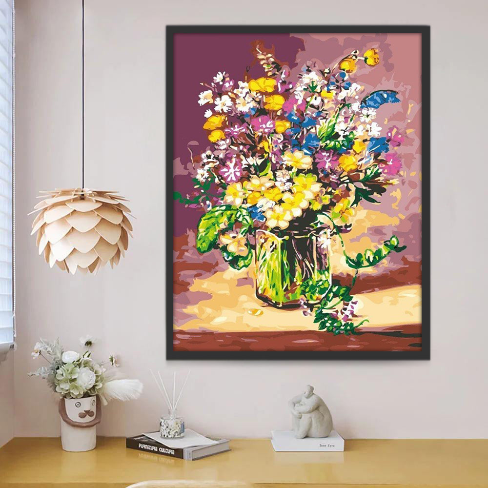 Lichtgekleurde bloemen op een donkerrode achtergrond Schilderen op Nummers