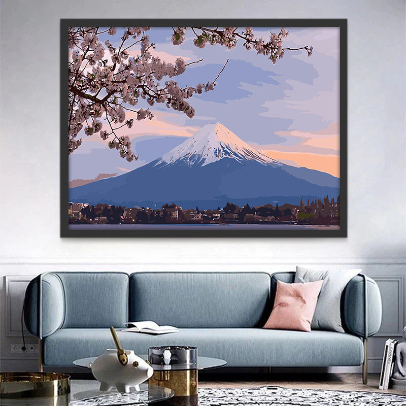 Lichtroze Kersenbloesems en Mt Fuji Stadslandschap Schilderen op Nummers