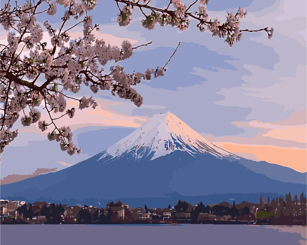 Lichtroze Kersenbloesems en Mt Fuji Stadslandschap Schilderen op Nummers