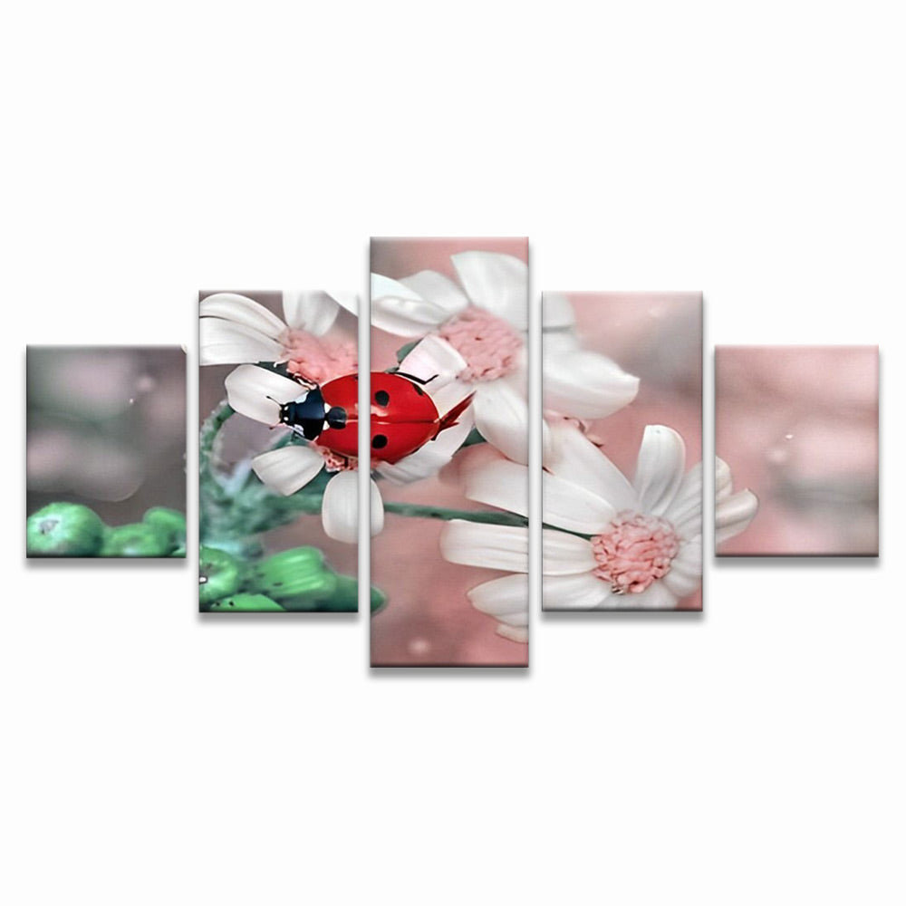 Lieveheersbeestje op Witte Bloemen 5 Platen Schilderen op Nummers