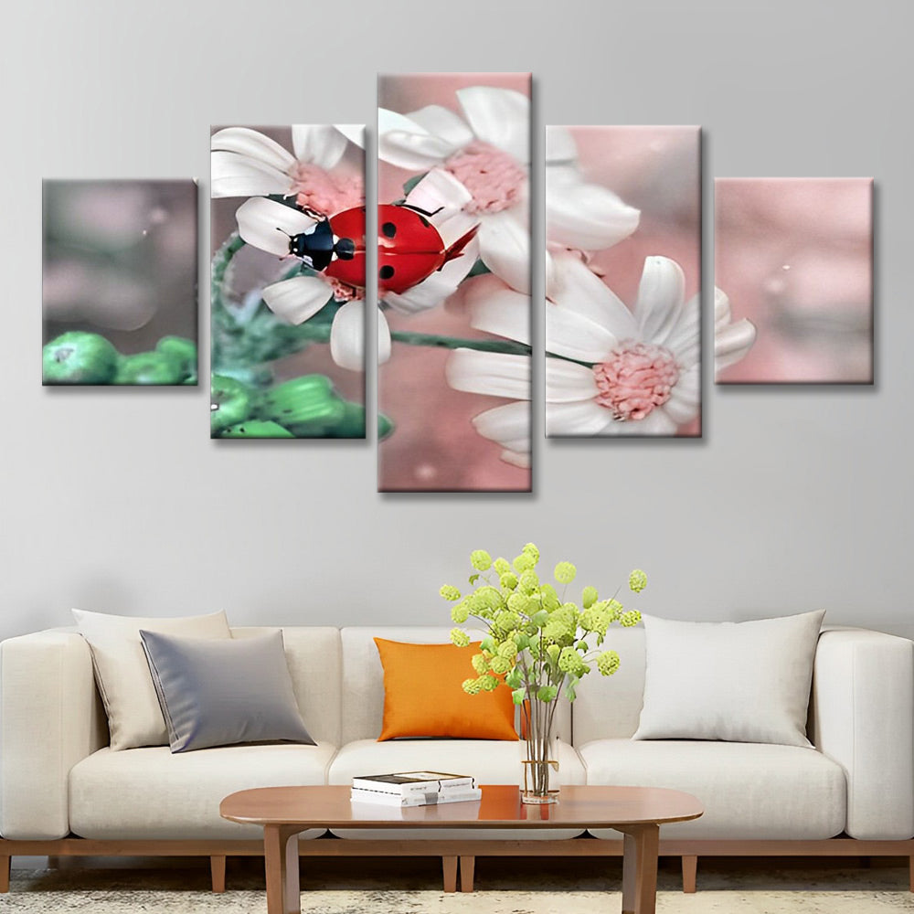 Lieveheersbeestje op Witte Bloemen 5 Platen Schilderen op Nummers