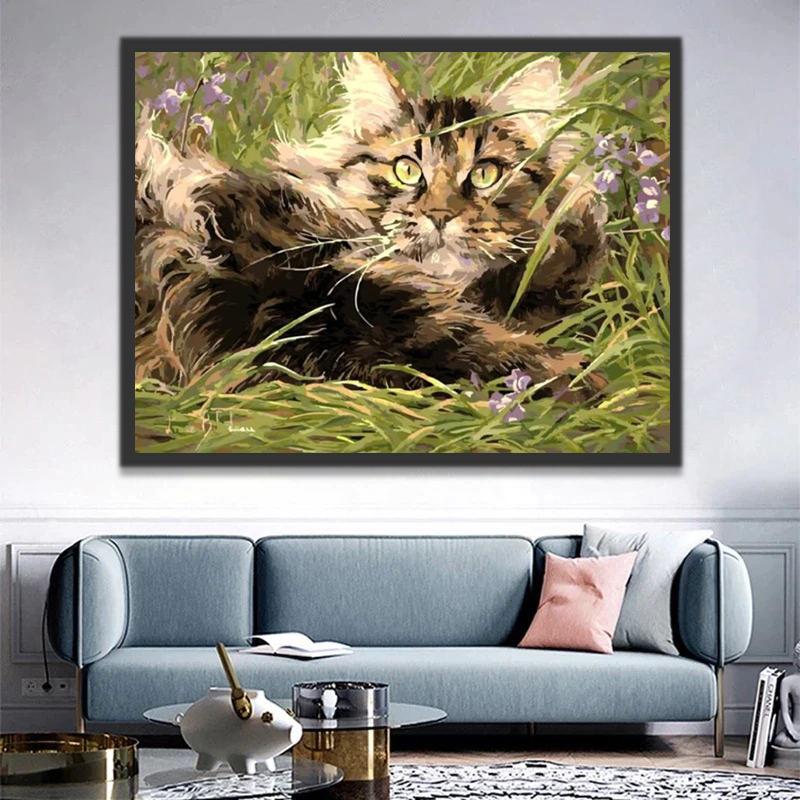 Liggende Kat op Gras Schilderen op Nummers