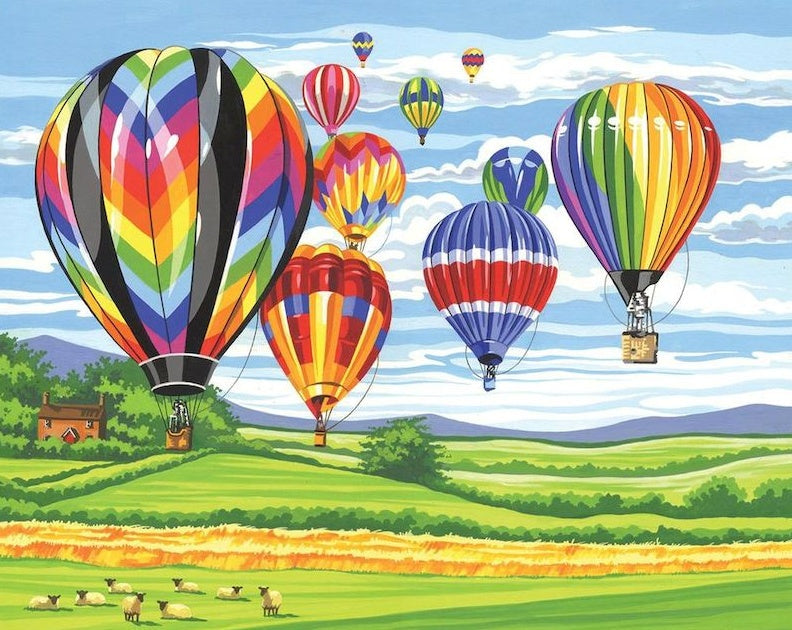 Luchtballonnen in Vrolijke Kleuren boven Groene Velden Schilderen op Nummers