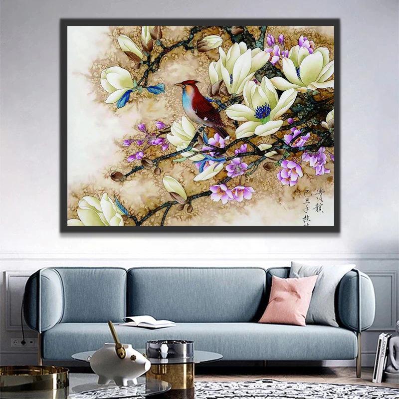 Magnolia en blauwe vogel Schilderen op Nummers