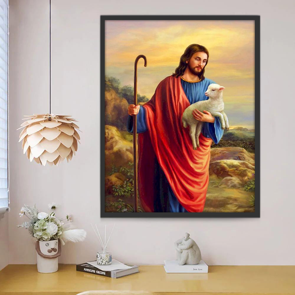 Man in een Blauw Gewaad Houdt een Lam Vast Christendom Schilderen op Nummers