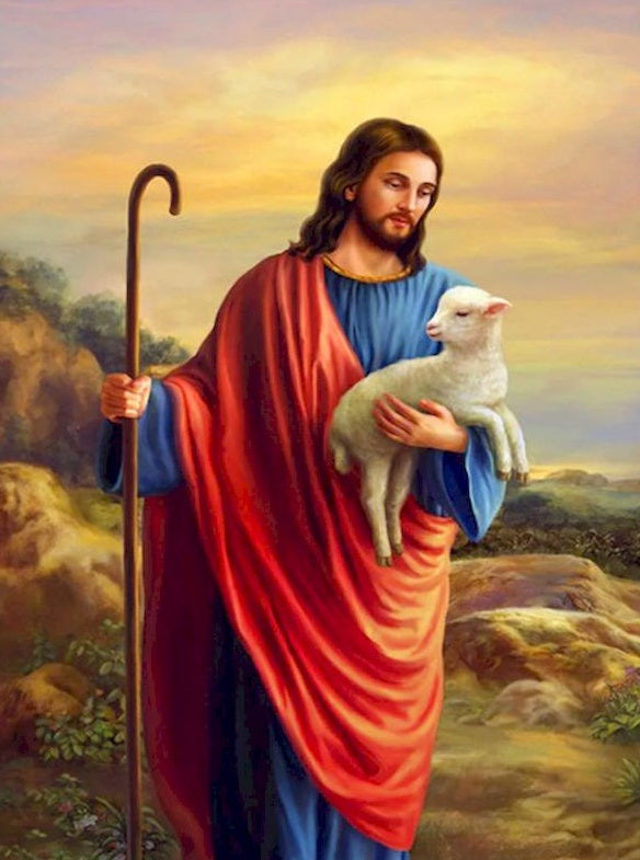 Man in een Blauw Gewaad Houdt een Lam Vast Christendom Schilderen op Nummers