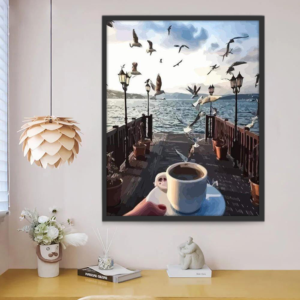Meeuwen Kijken bij een Kopje Koffie op de Pier Schilderen op Nummers