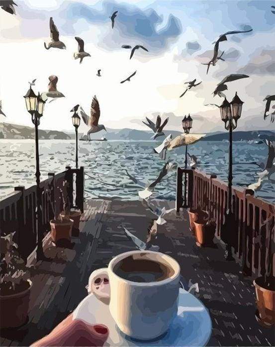 Meeuwen Kijken bij een Kopje Koffie op de Pier Schilderen op Nummers
