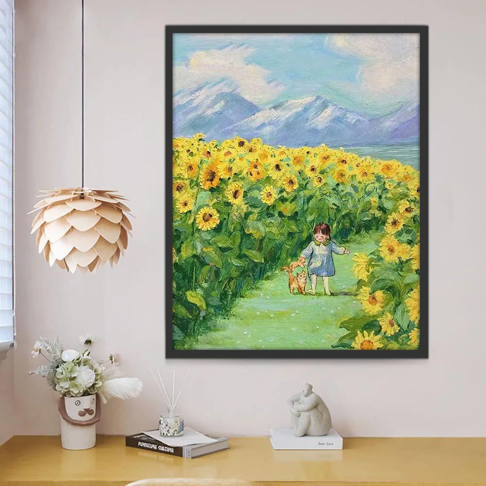Meisje en Kat spelen in Zonnebloemstruik Schilderen op Nummers