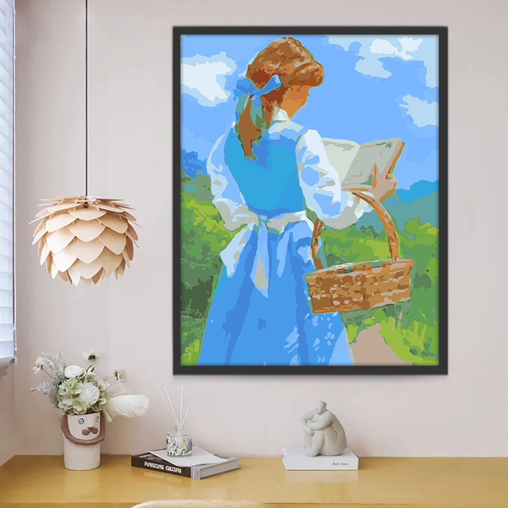 Meisje in Blauwe Outfit Leest in de Vrije Natuur Schilderen op Nummers