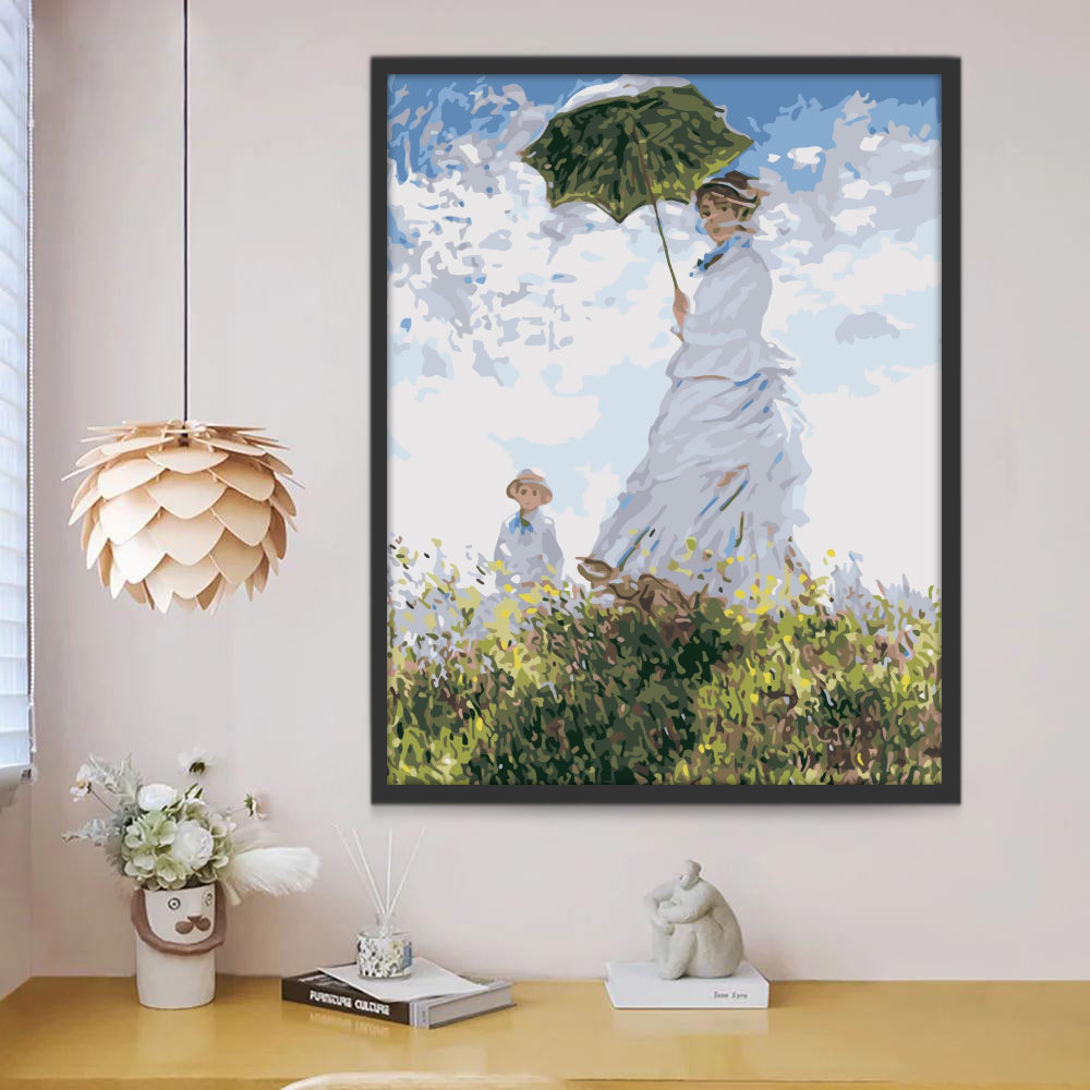 Meisje in Witte Jurk met Groene Parasol Schilderen op Nummers