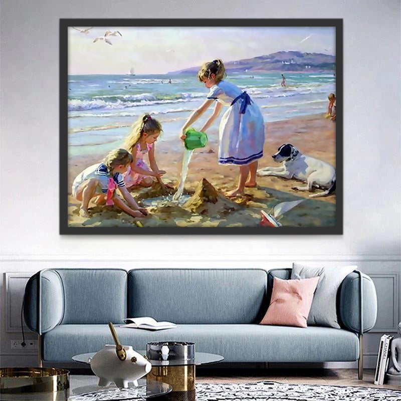 Meisjes Spelen op het Strand Schilderen op Nummers