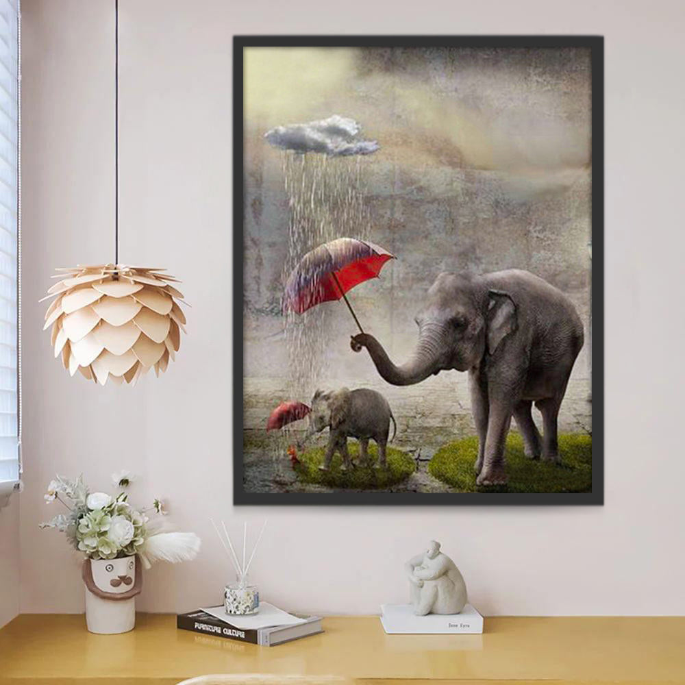 Moeder en Baby Olifant met Paraplu Schilderen op Nummers