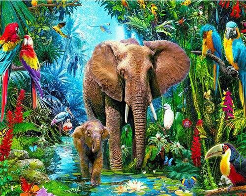 Moeder en Kind Olifanten in de Jungle Schilderen op Nummers