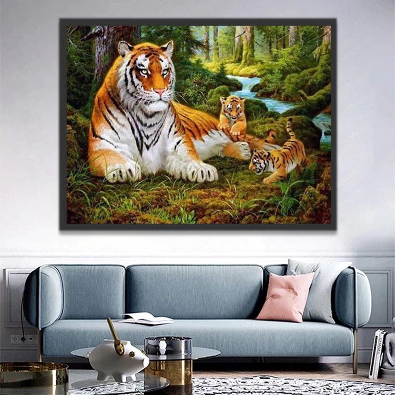 Moeder Tijger en Baby Tijger in het Bos Schilderen op Nummers