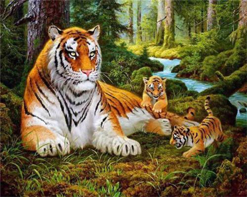 Moeder Tijger en Baby Tijger in het Bos Schilderen op Nummers