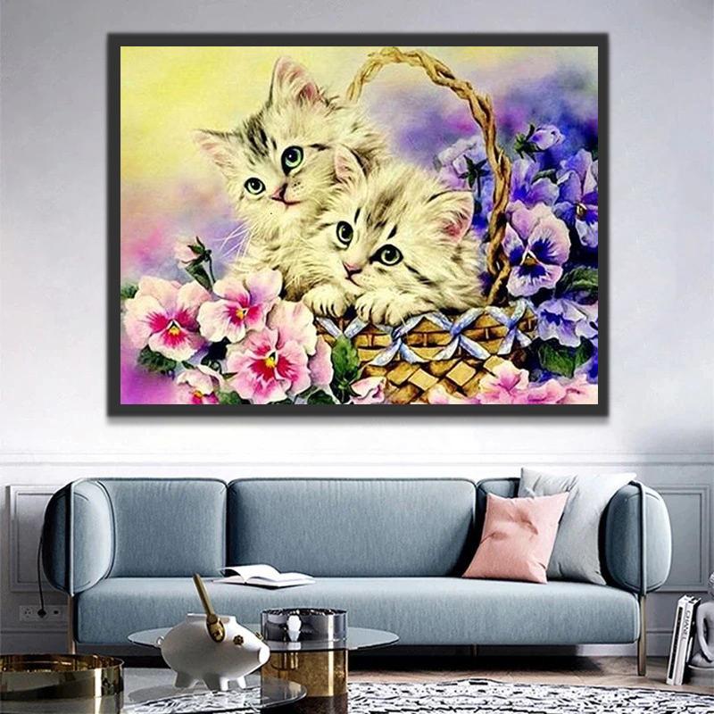 Mooie Bloem en Twee Katten in Bamboemandje Schilderen op Nummers