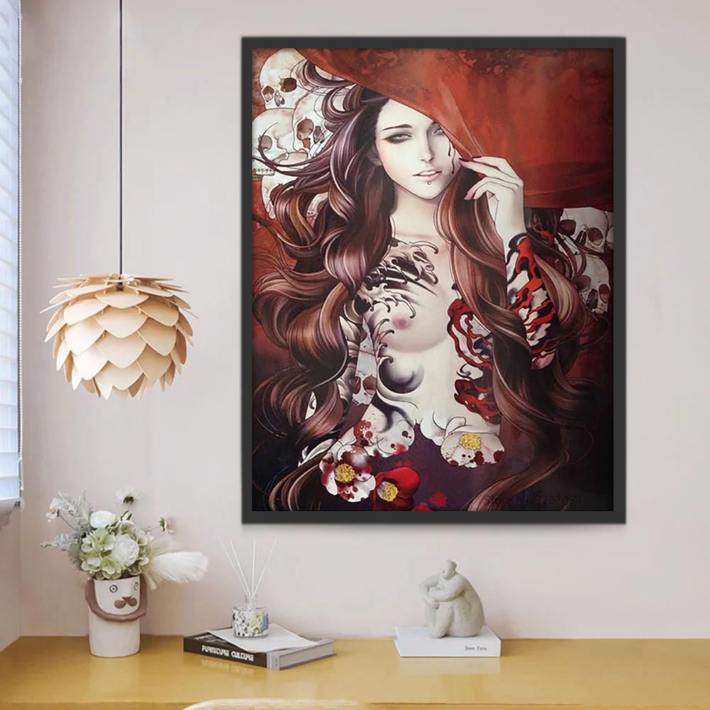 Mysterieus Portret van Vrouw met Bloemtattoeages Schilderen op Nummers