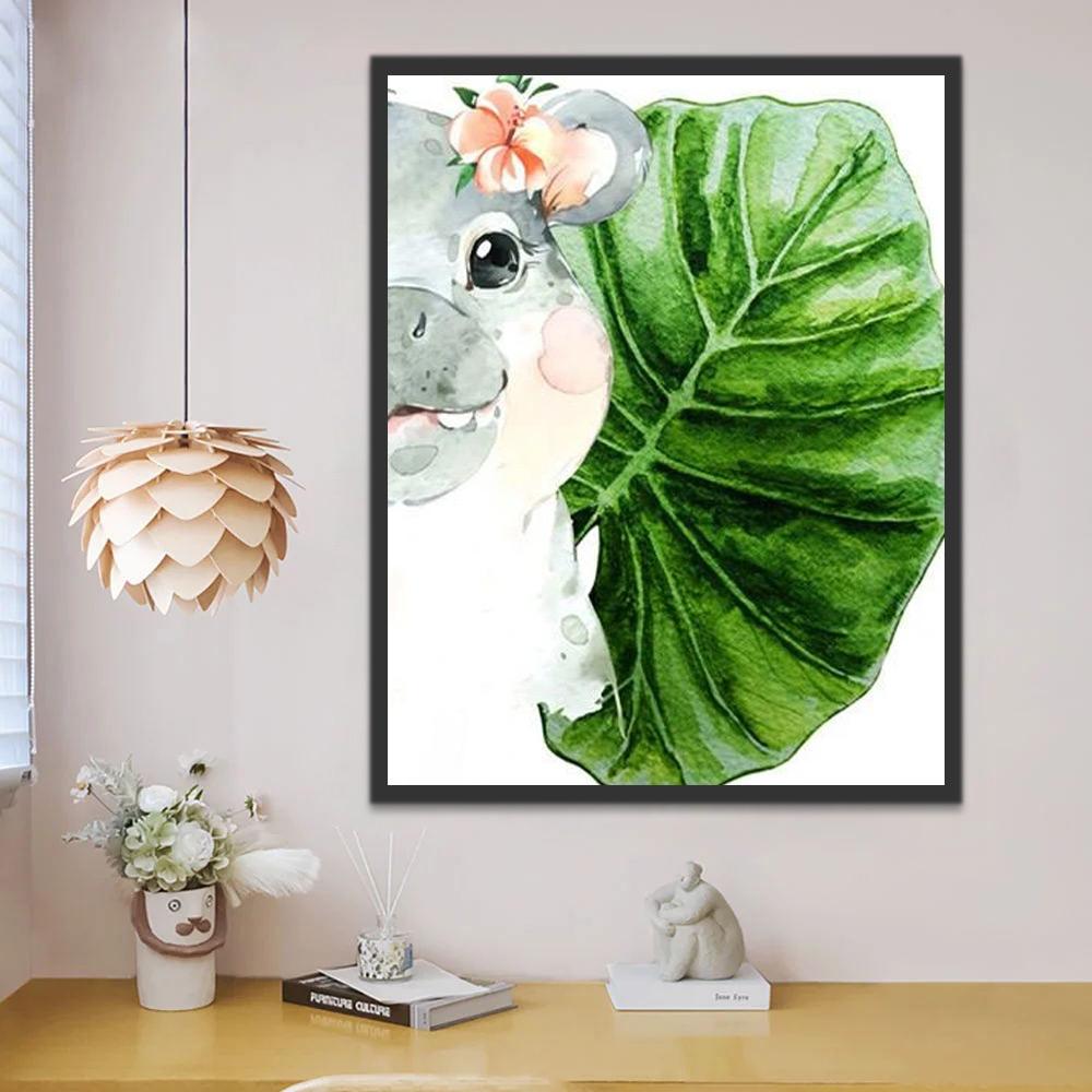 Nijlpaard in cartoonstijl tussen bloemen en planten Schilderen op Nummers