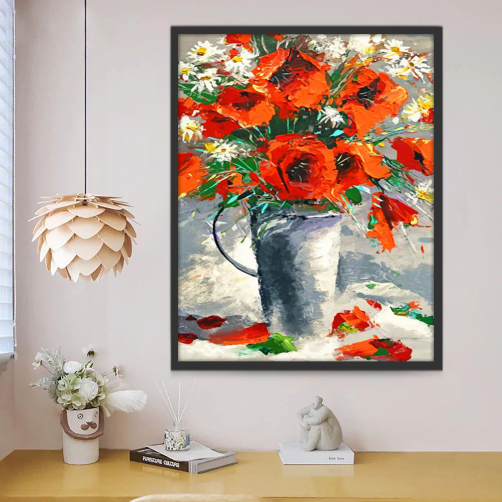 Olieverfschilderij Klaprozen en Witte Margrieten Chrysant Schilderen op Nummers