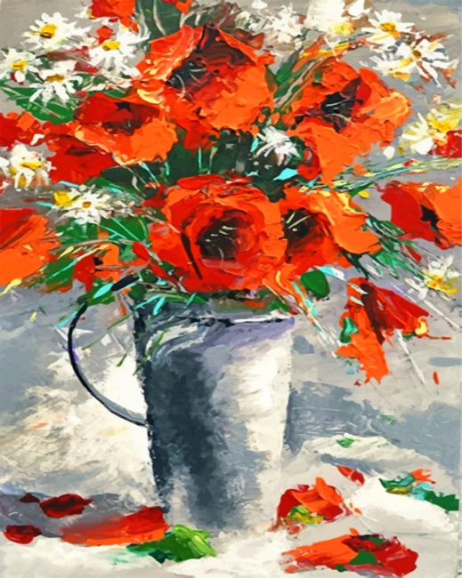 Olieverfschilderij Klaprozen en Witte Margrieten Chrysant Schilderen op Nummers