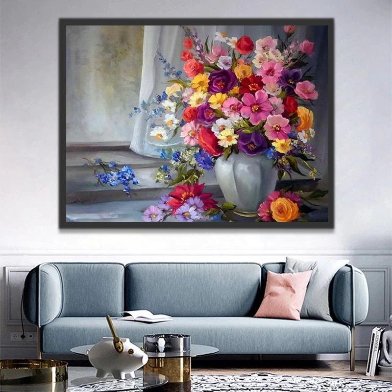 Olieverfschilderij Kleurrijke Potbloemen bij Het Raam Schilderen op Nummers