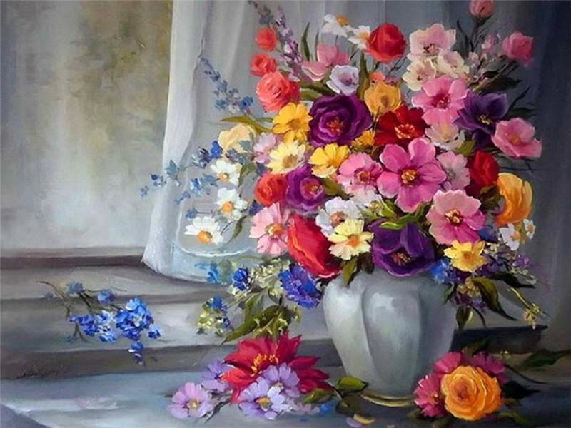 Olieverfschilderij Kleurrijke Potbloemen bij Het Raam Schilderen op Nummers