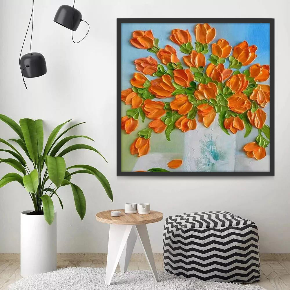 Olieverfschilderij Oranje Tulpen in Glazen Vaas Schilderen op Nummers